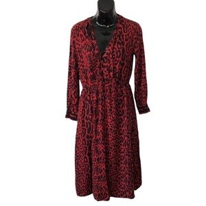 Zara red animal print v neck midi casual dress tie accent medium